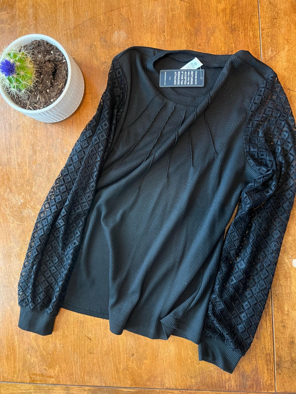 Black Ribbed Knit Top with lace sleeves